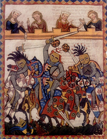 Knights Jousting in a medieval manuscript.