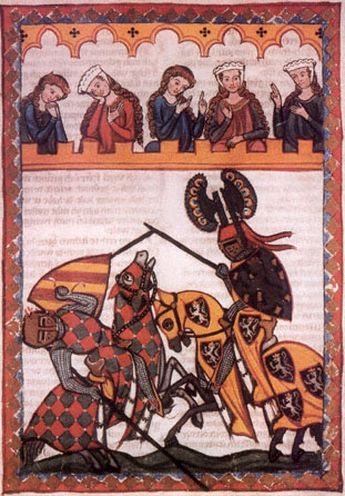 Knights Jousting in a medieval manuscript.